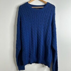 VTG Eddie Bauer Royal Blue Cable Knit Cotton Sweater Mens XL‎ Fisherman Classic